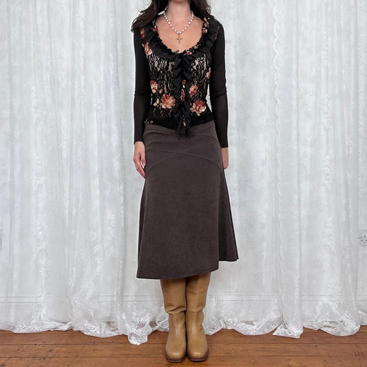 vintage 00s brown and orange floral lace top with ruffle