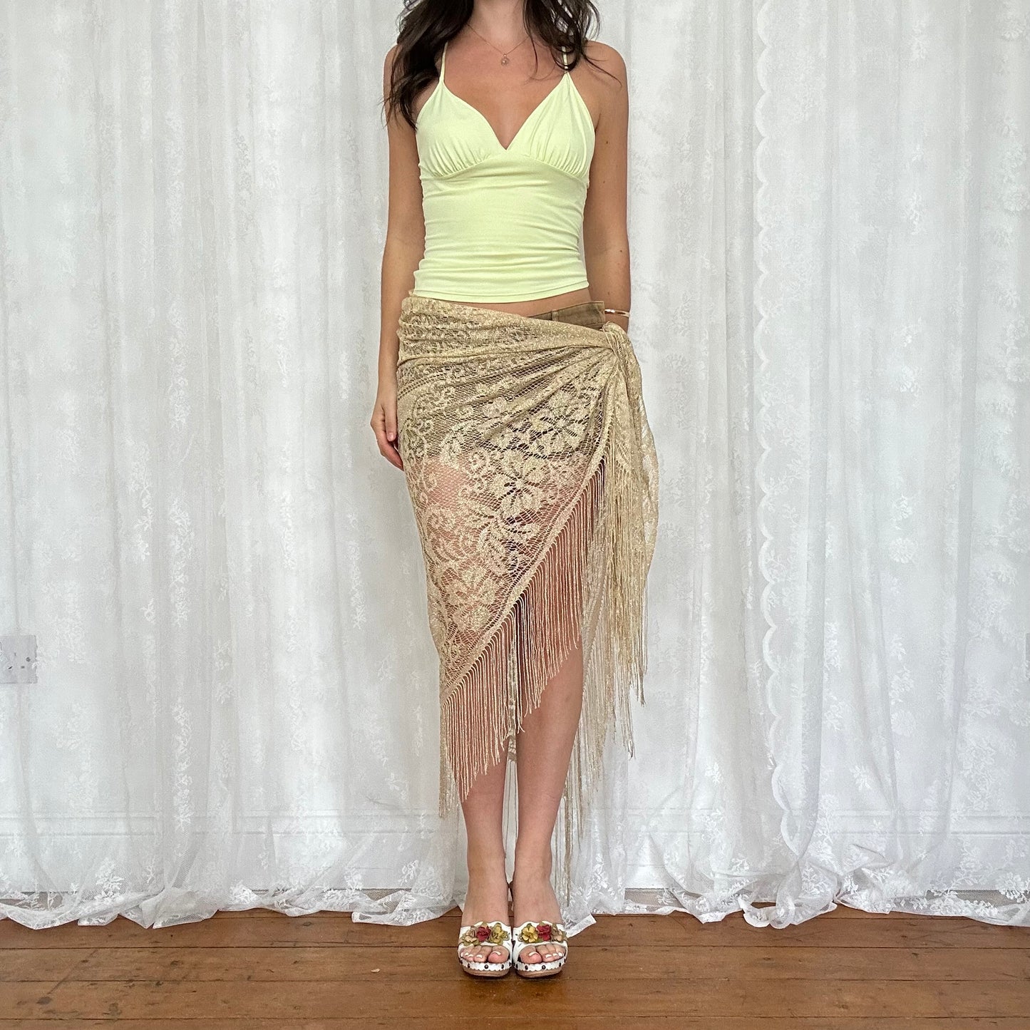 vintage 00s gold crochet tassel wrap skirt / shawl