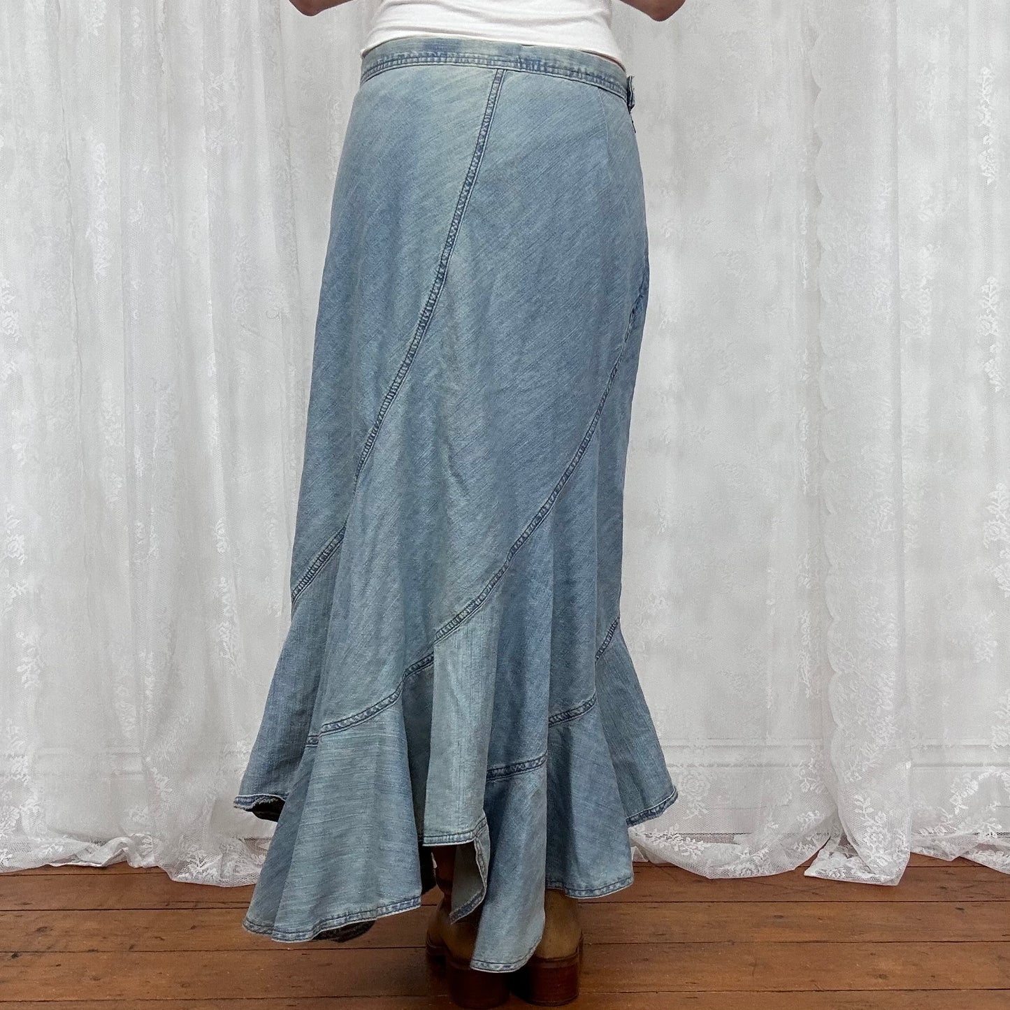 vintage 00s light wash denim pleated maxi skirt