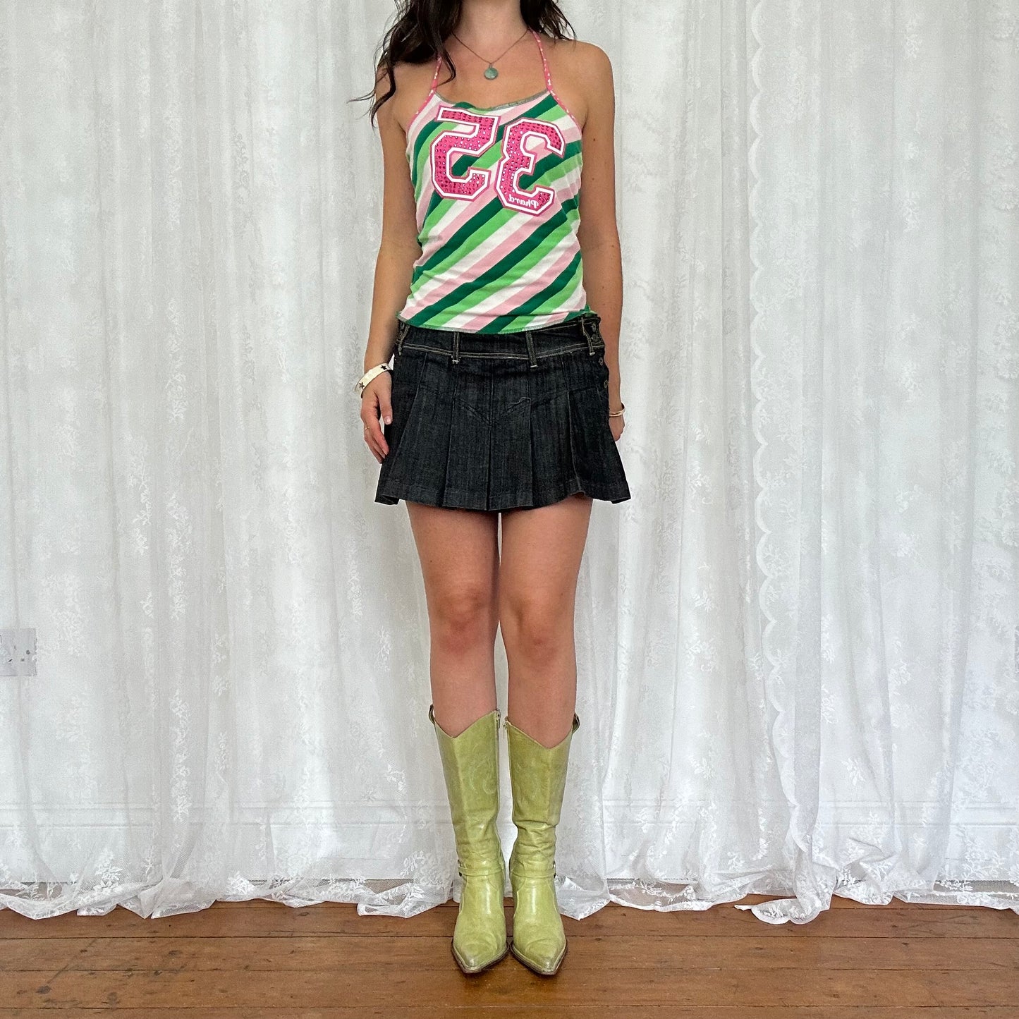 vintage 00s pink and green stripey 35 cami