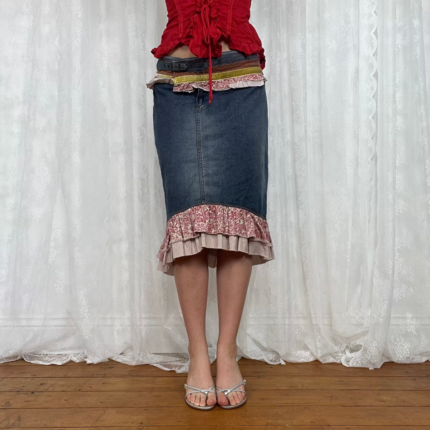 vintage 00s denim layered midi skirt