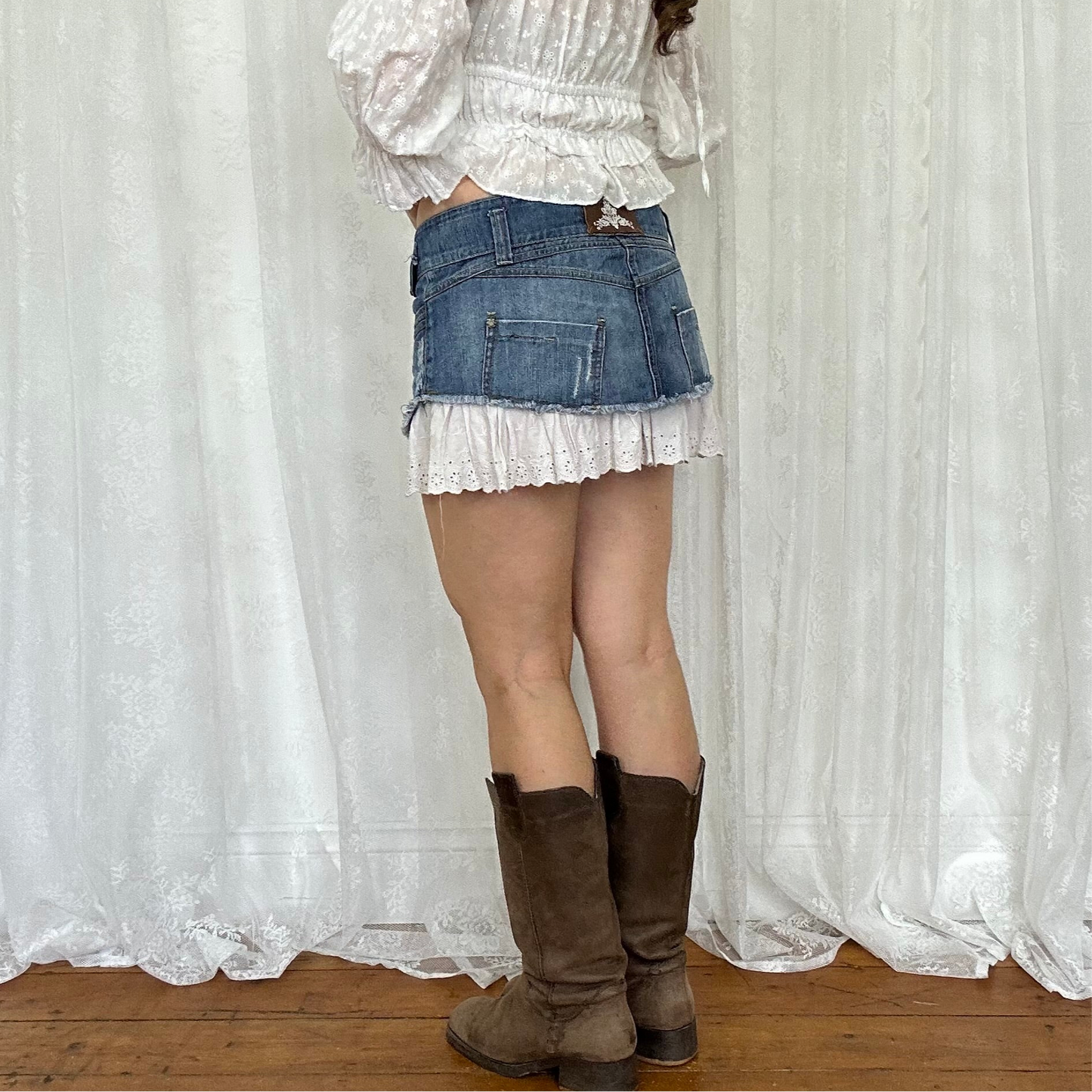 vintage 00s denim mini skirt with broderie trim