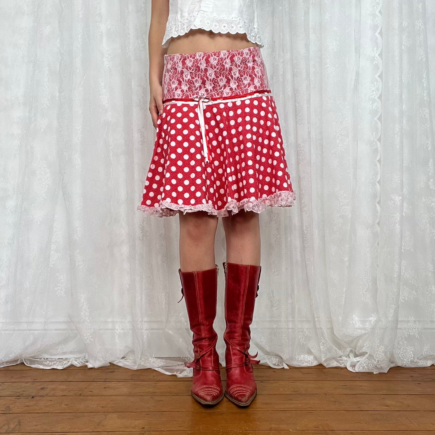vintage 00s red and white polka dot midi skirt