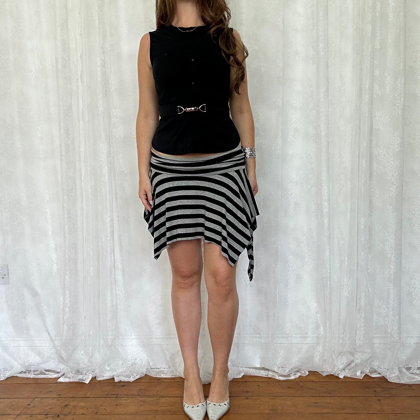 vintage 00s pimkie black and grey stripey asymmetrical mini skirt