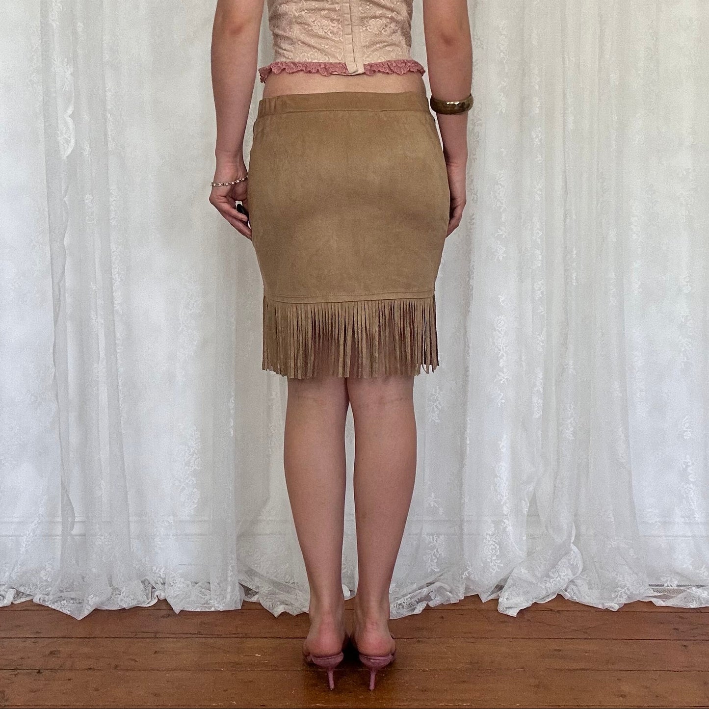 vintage 00s tan faux suede fringe midi skirt