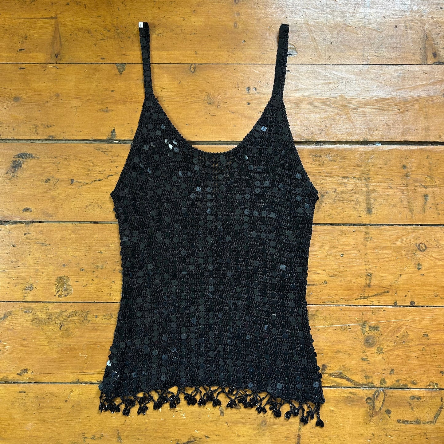 vintage 00s black sequin crochet cami