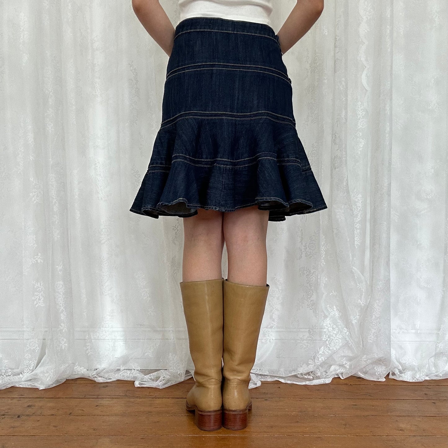 vintage 00s dark denim tiered midi skirt