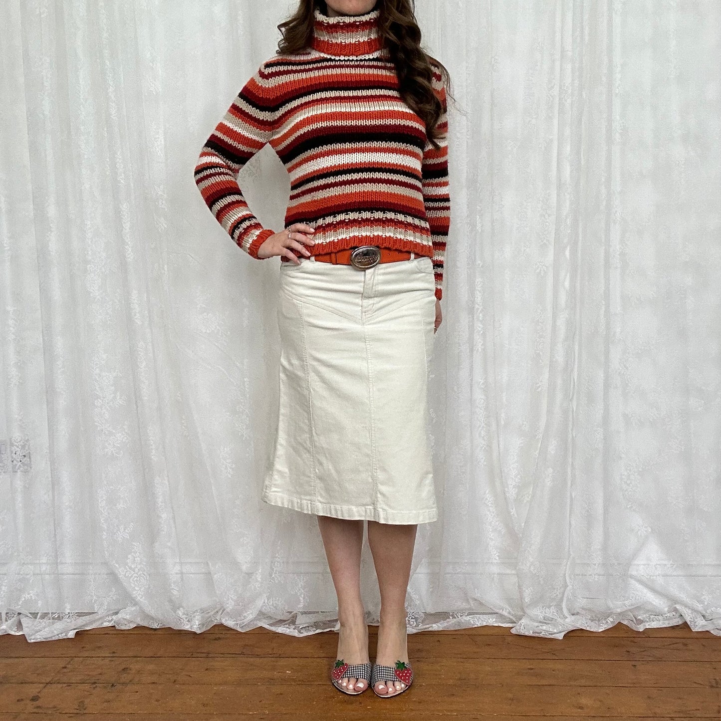 vintage 00s orange chunky striped turtleneck jumper