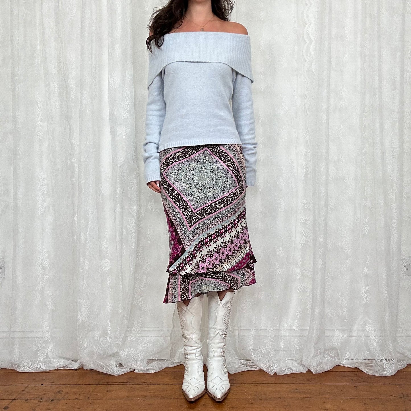 vintage 00s baby blue fuzzy off shoulder jumper