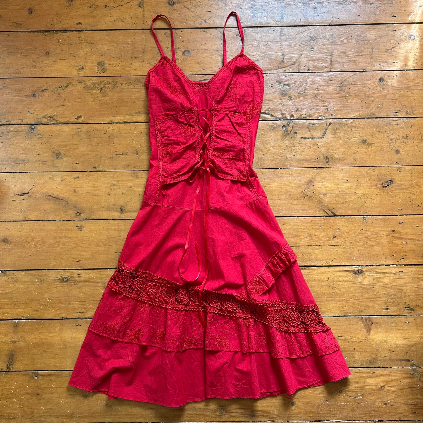 vintage 00s red corset tie up summer dress