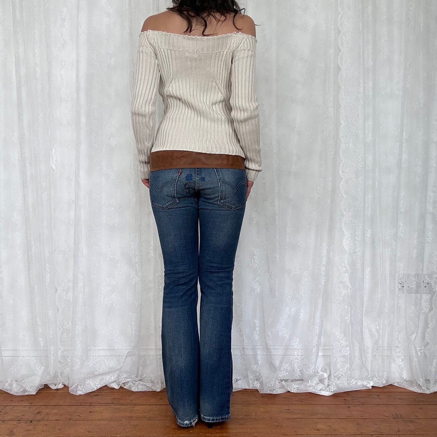 vintage 00s cream knitted off shoulder dual zip jumper