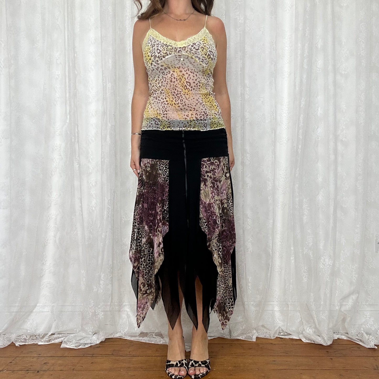 vintage 00s yellow leopard print mesh cami top