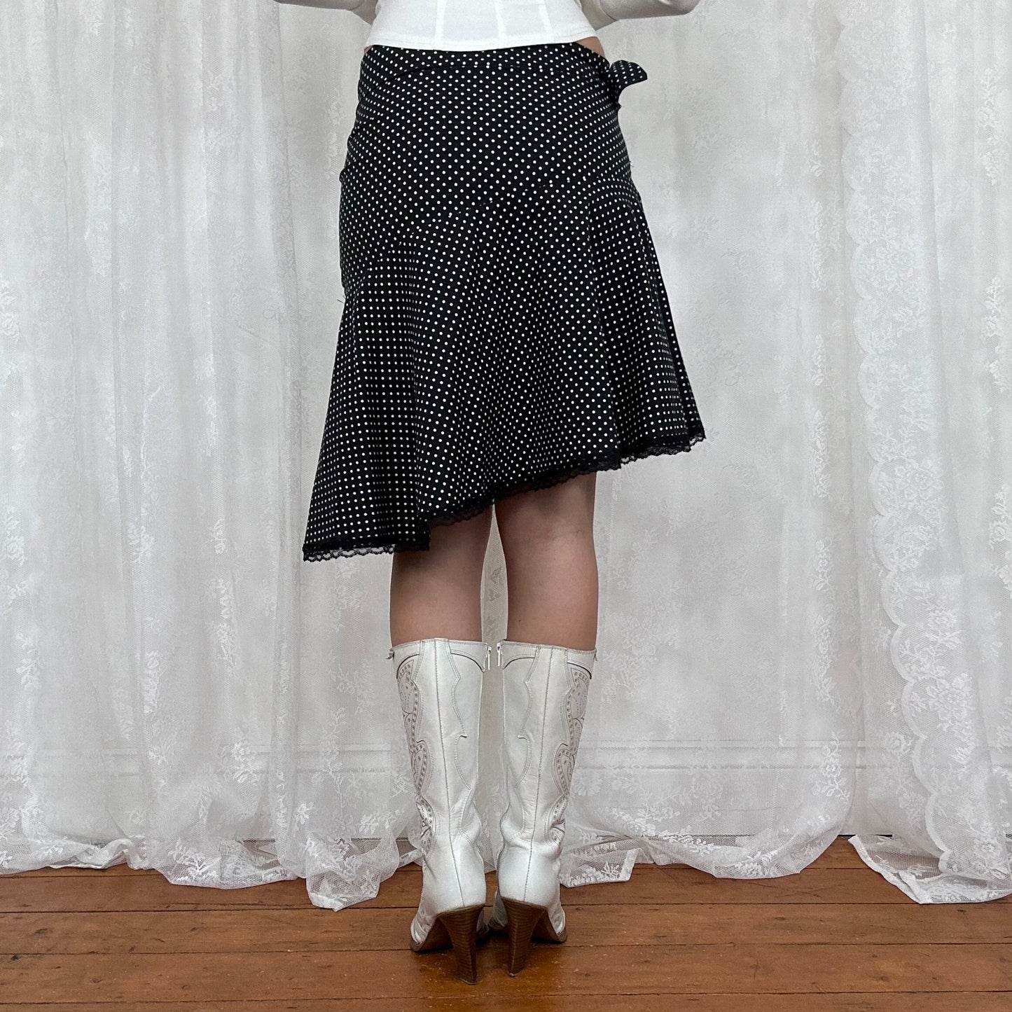 vintage 00s black polka dot asymmetrical midi skirt with belt