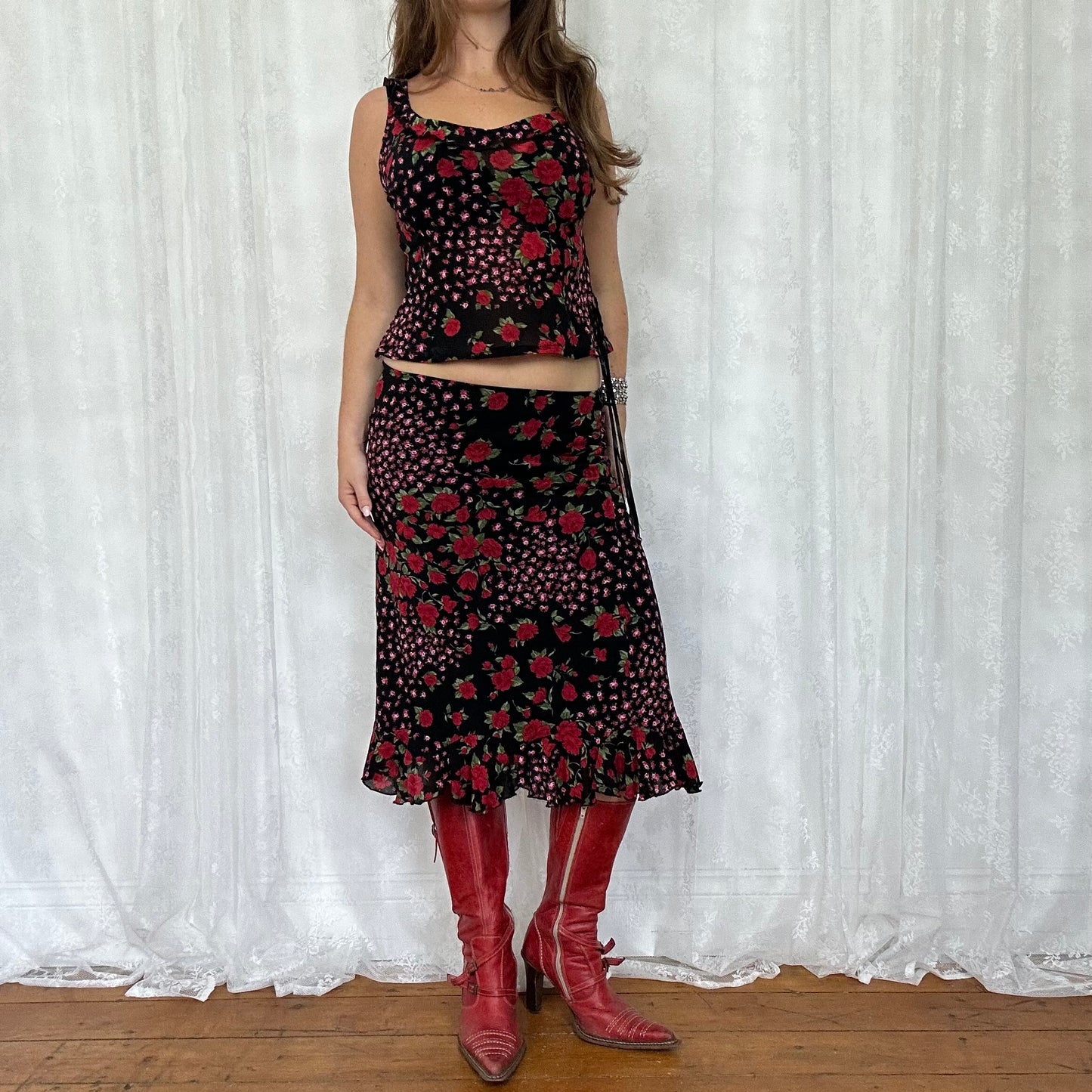 vintage 00s black floral print mesh skirt and top co ord