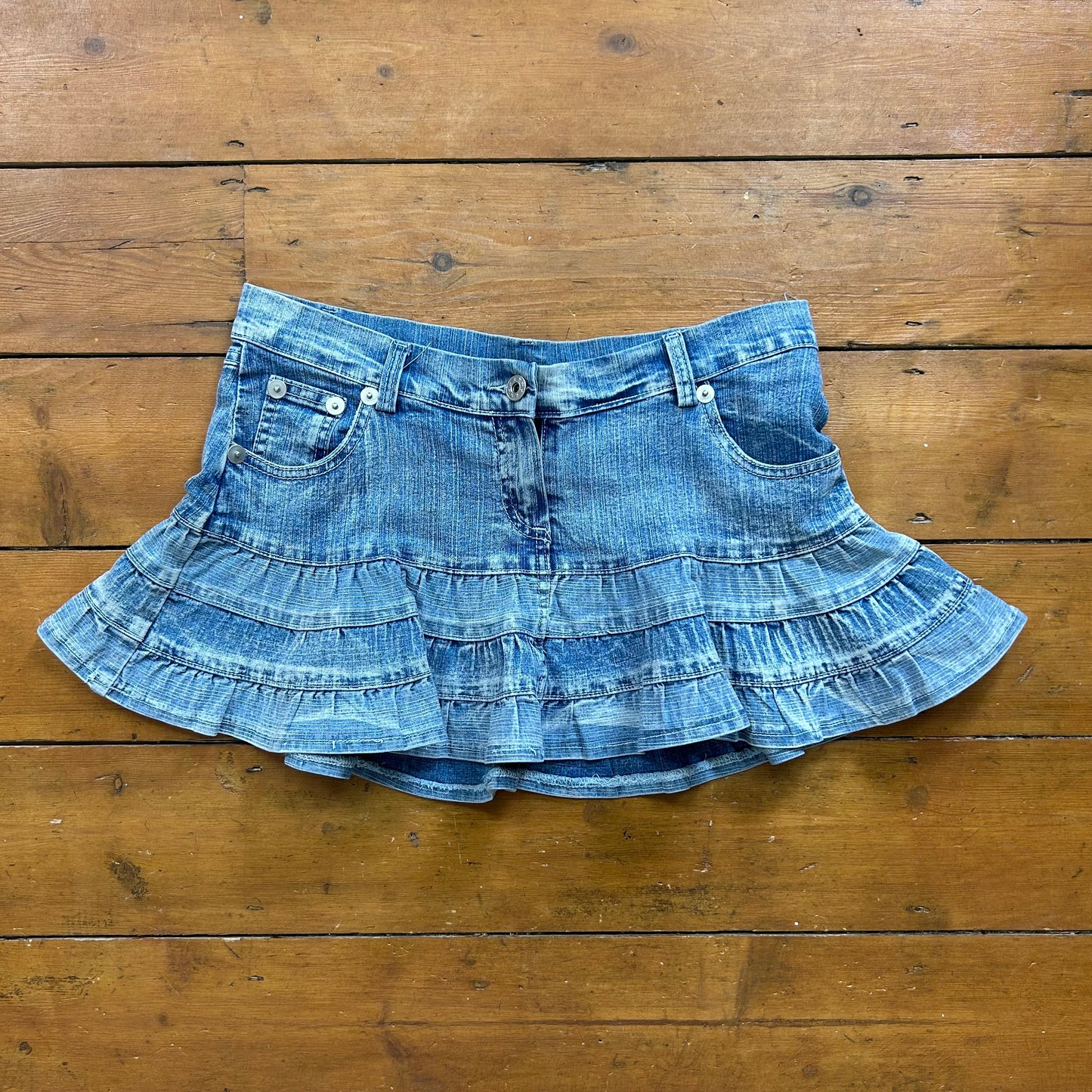 vintage 00s washed blue denim frill mini skirt