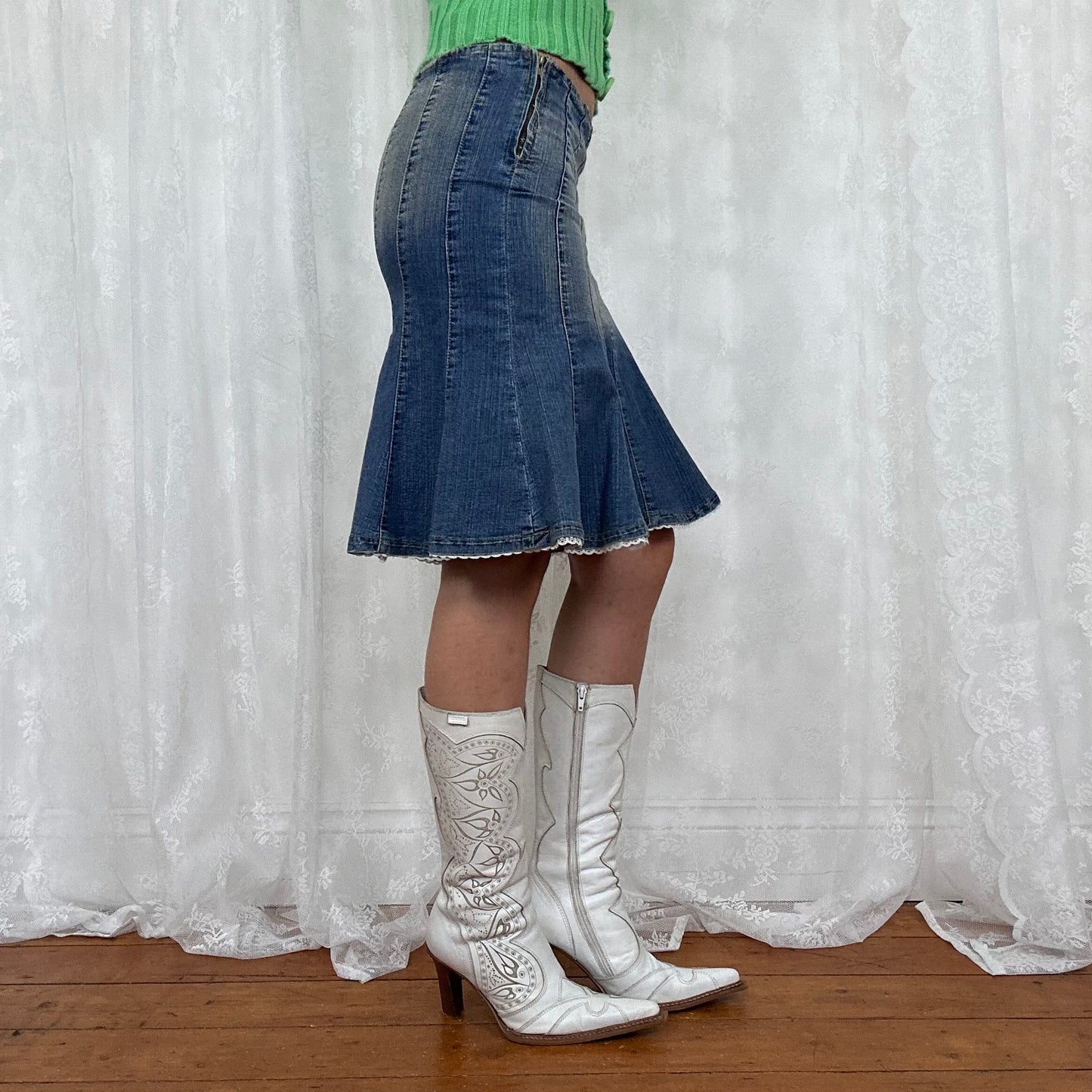 vintage 00s denim panel midi skirt with broderie trim