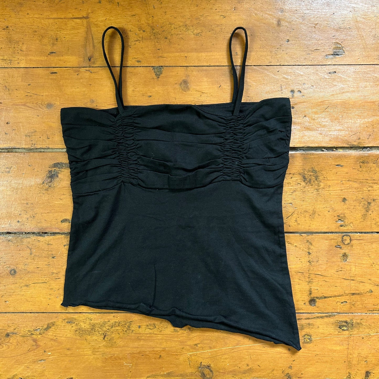 vintage 00s black ruched asymmetrical cami top