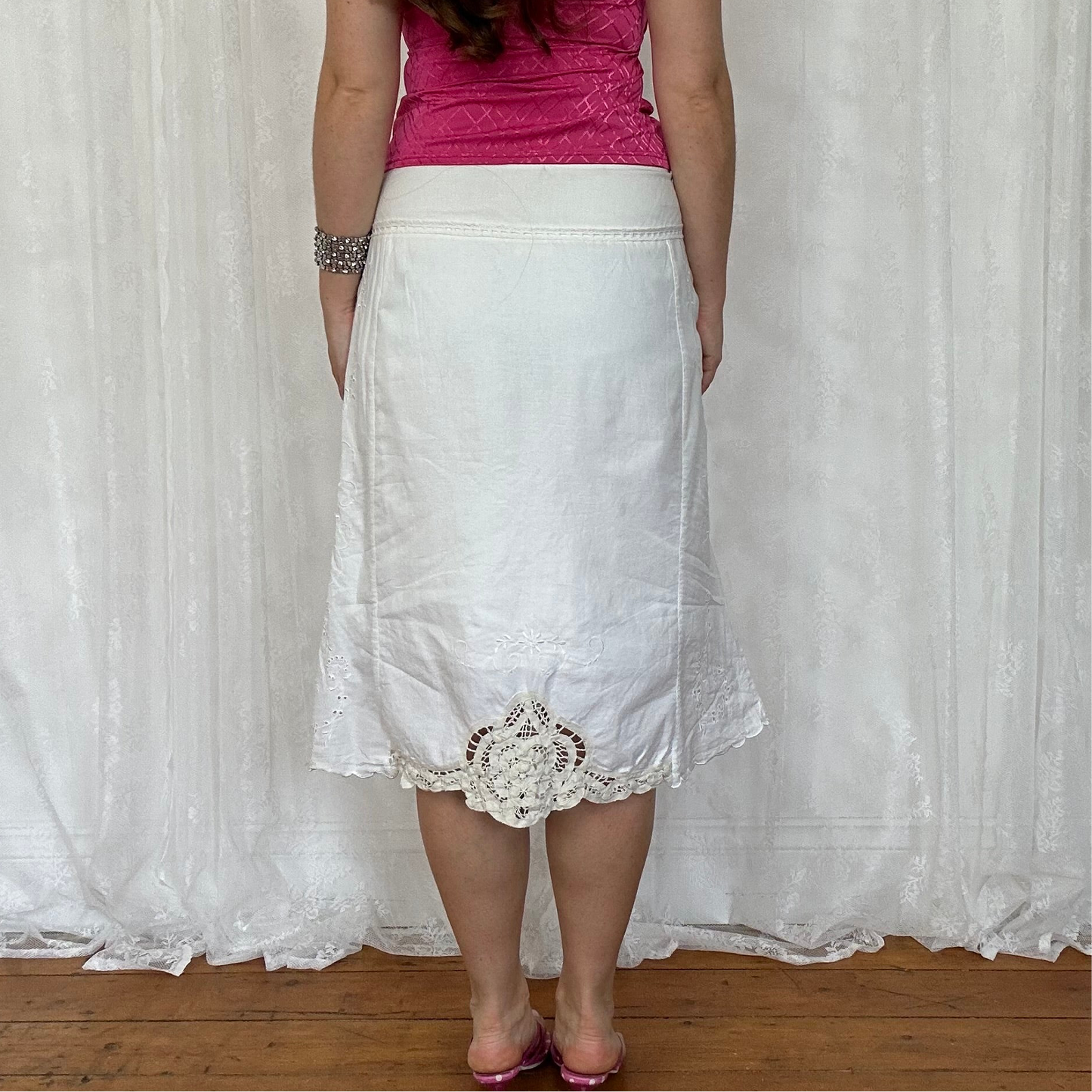 vintage 00s white broderie midi skirt with mother of pearl buttons