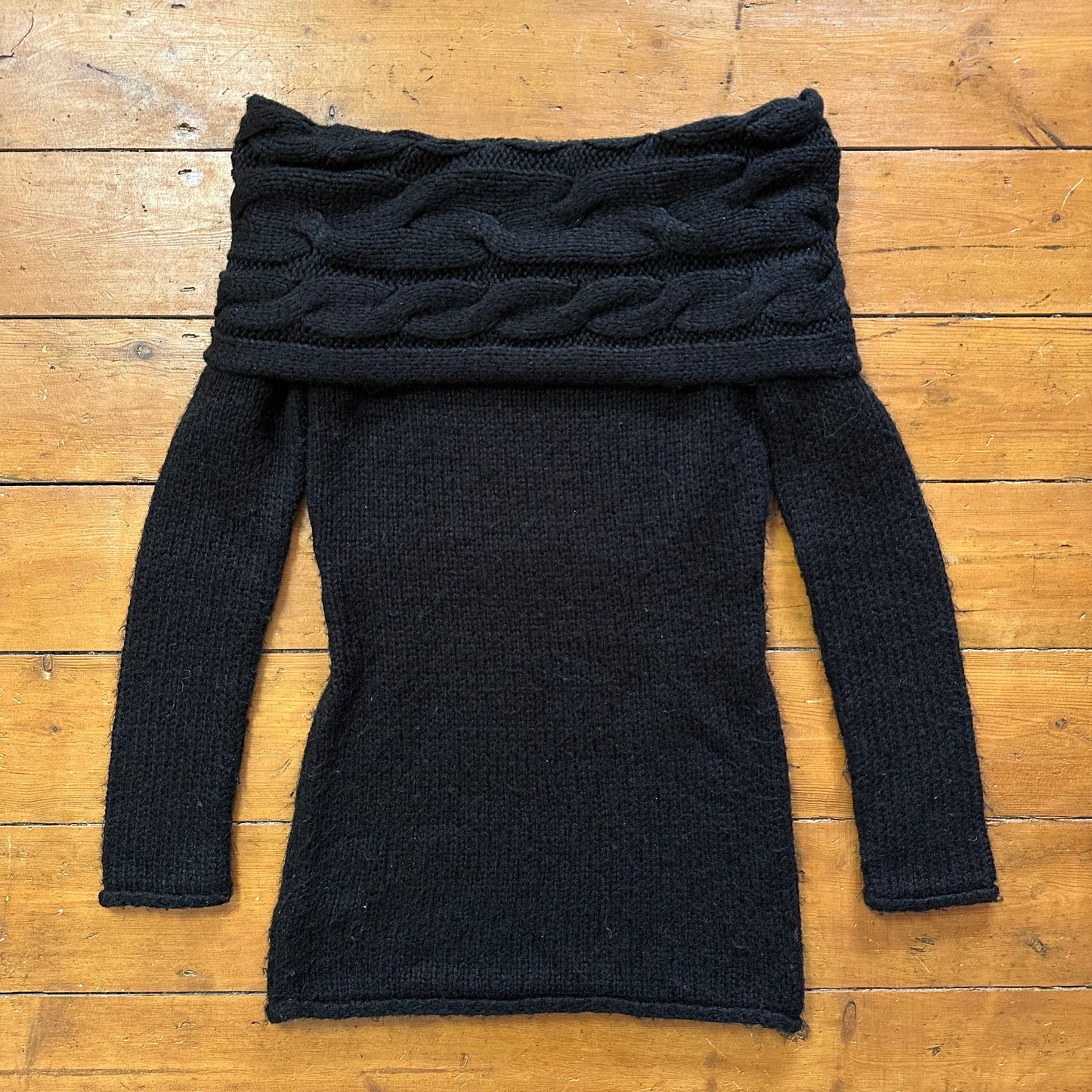 vintage 00s black knitted off shoulder mini dress