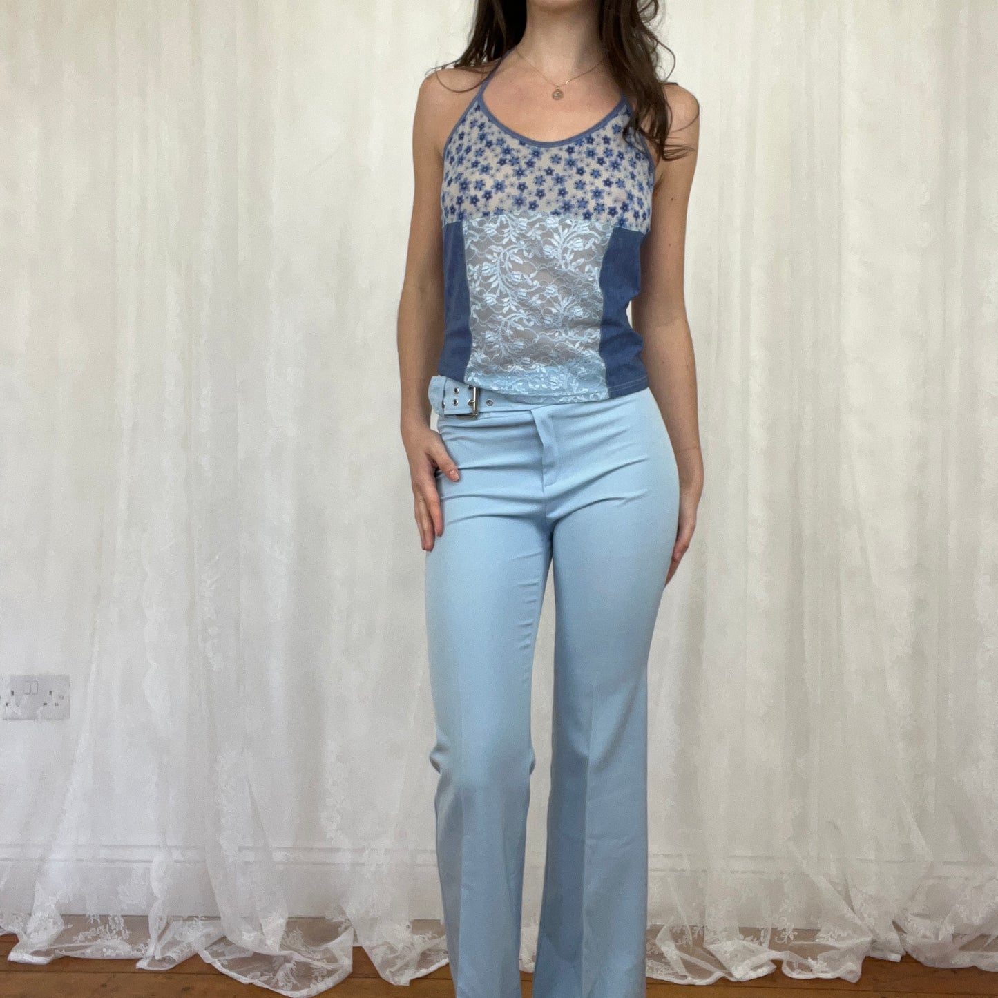 vintage 00s blue mesh intimissimi floral halter top