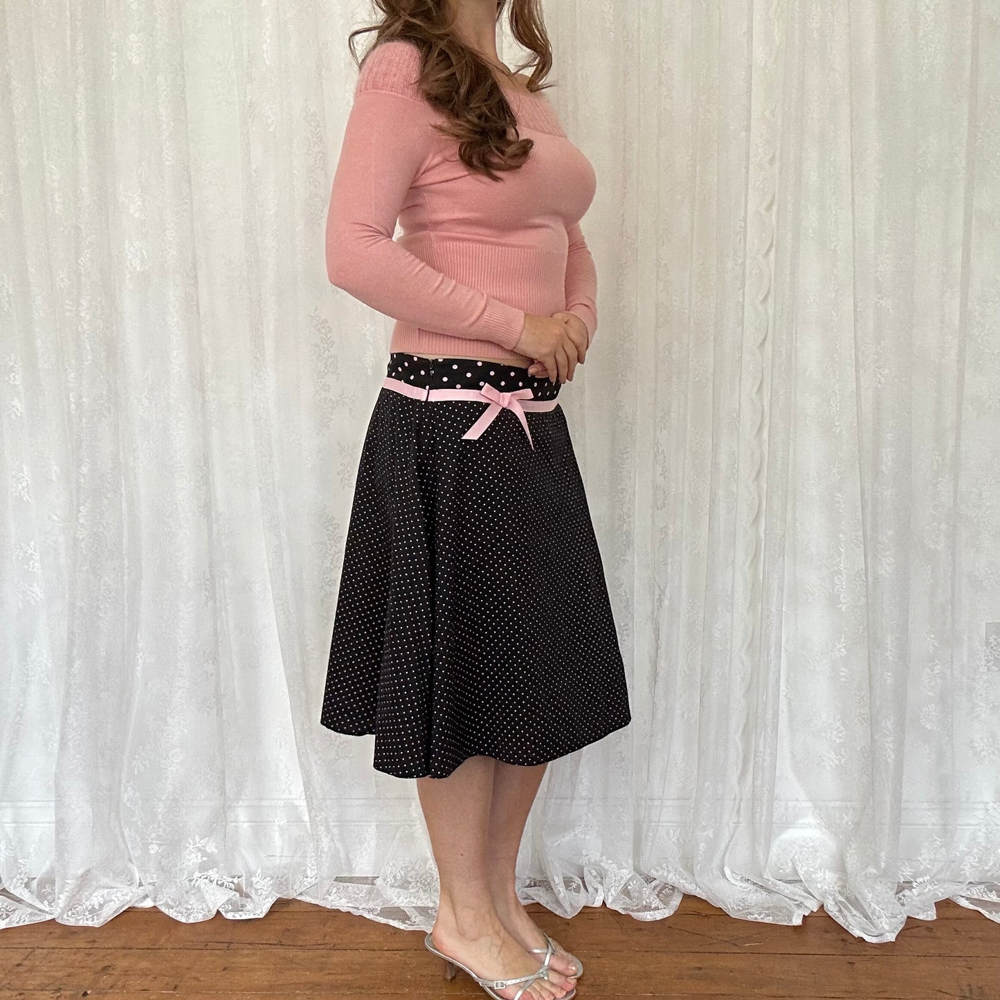 vintage 00s black and pink polka dot midi skirt