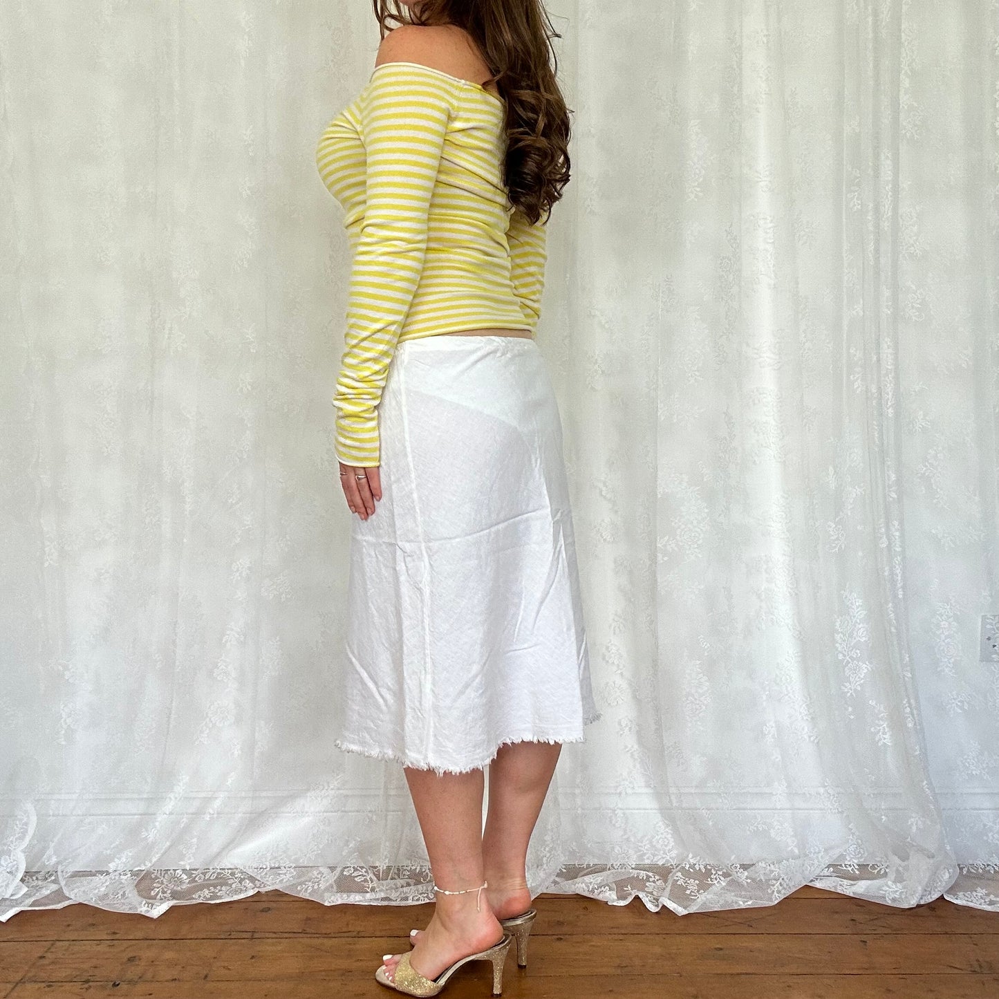 vintage 00s yellow and white stripe off the shoulder top