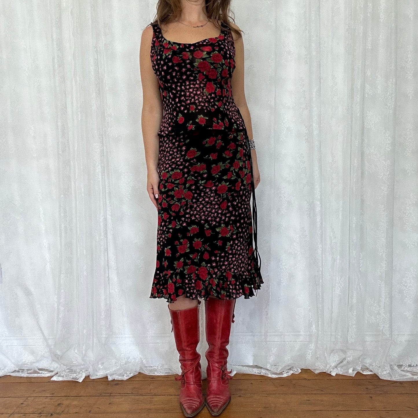 vintage 00s black floral print mesh skirt and top co ord