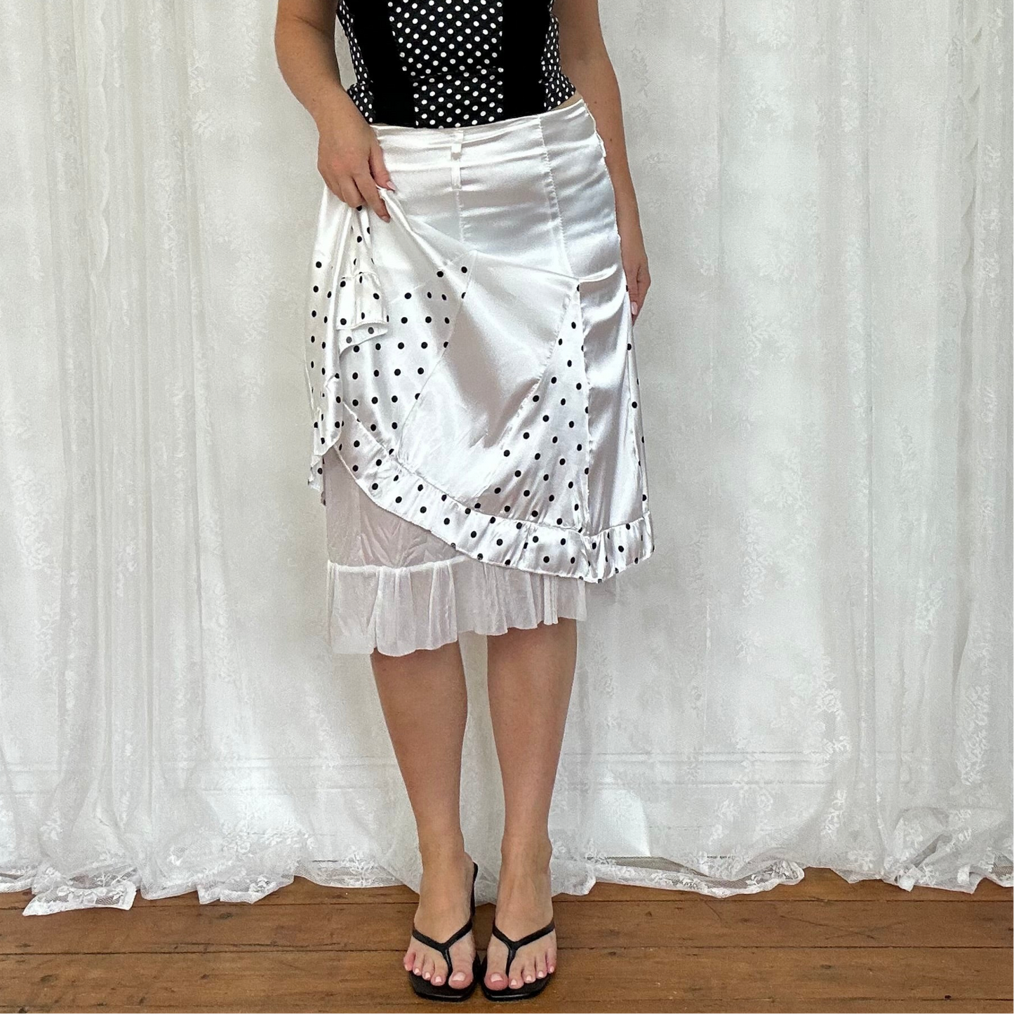 vintage 00s white satin midi skirt with polka dot trim