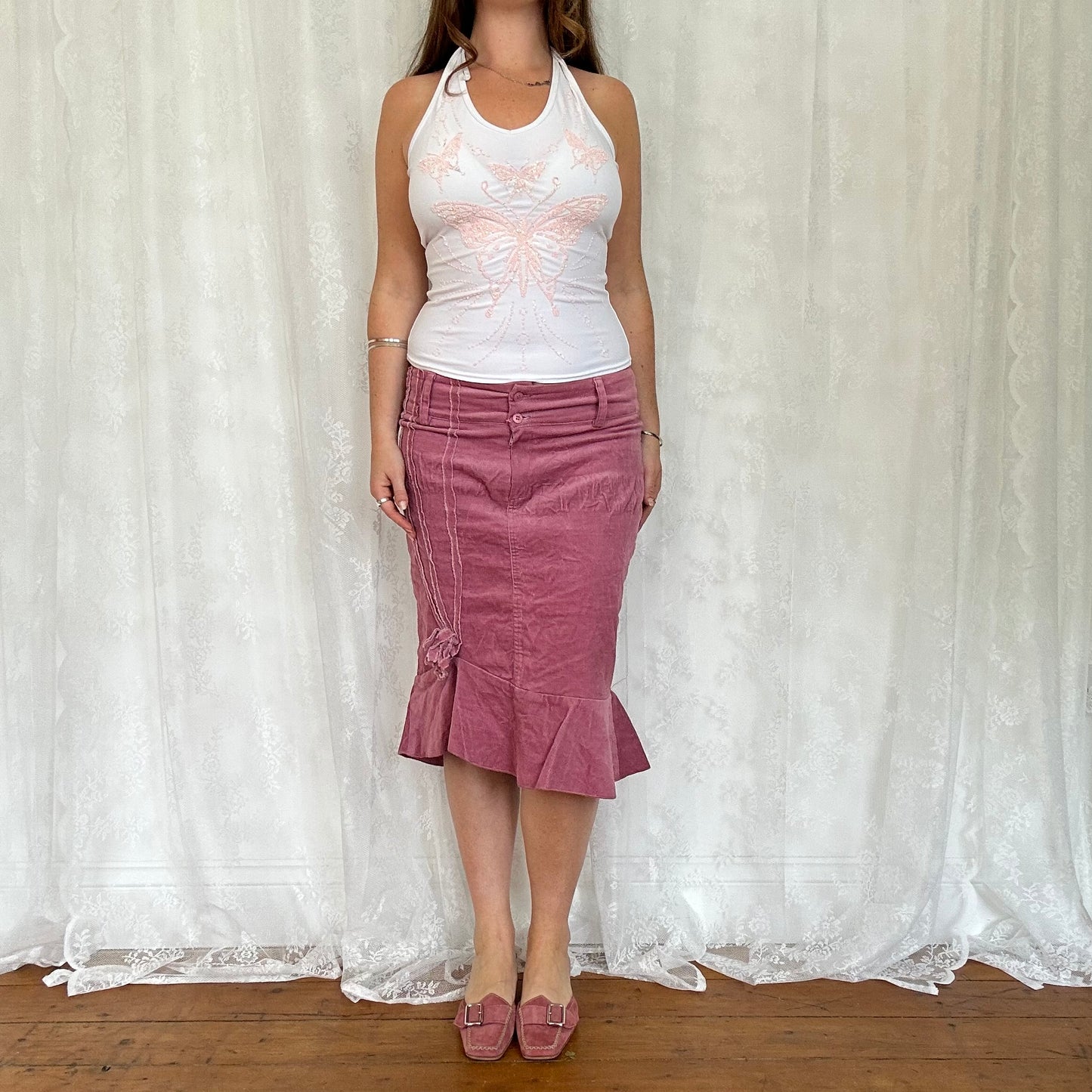 vintage 00s pink cord flower detail midi skirt