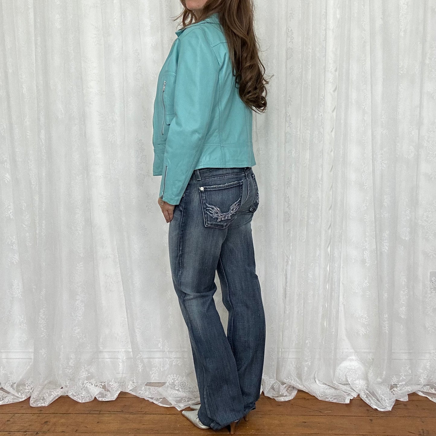 vintage 00s blue dual zip leather jacket