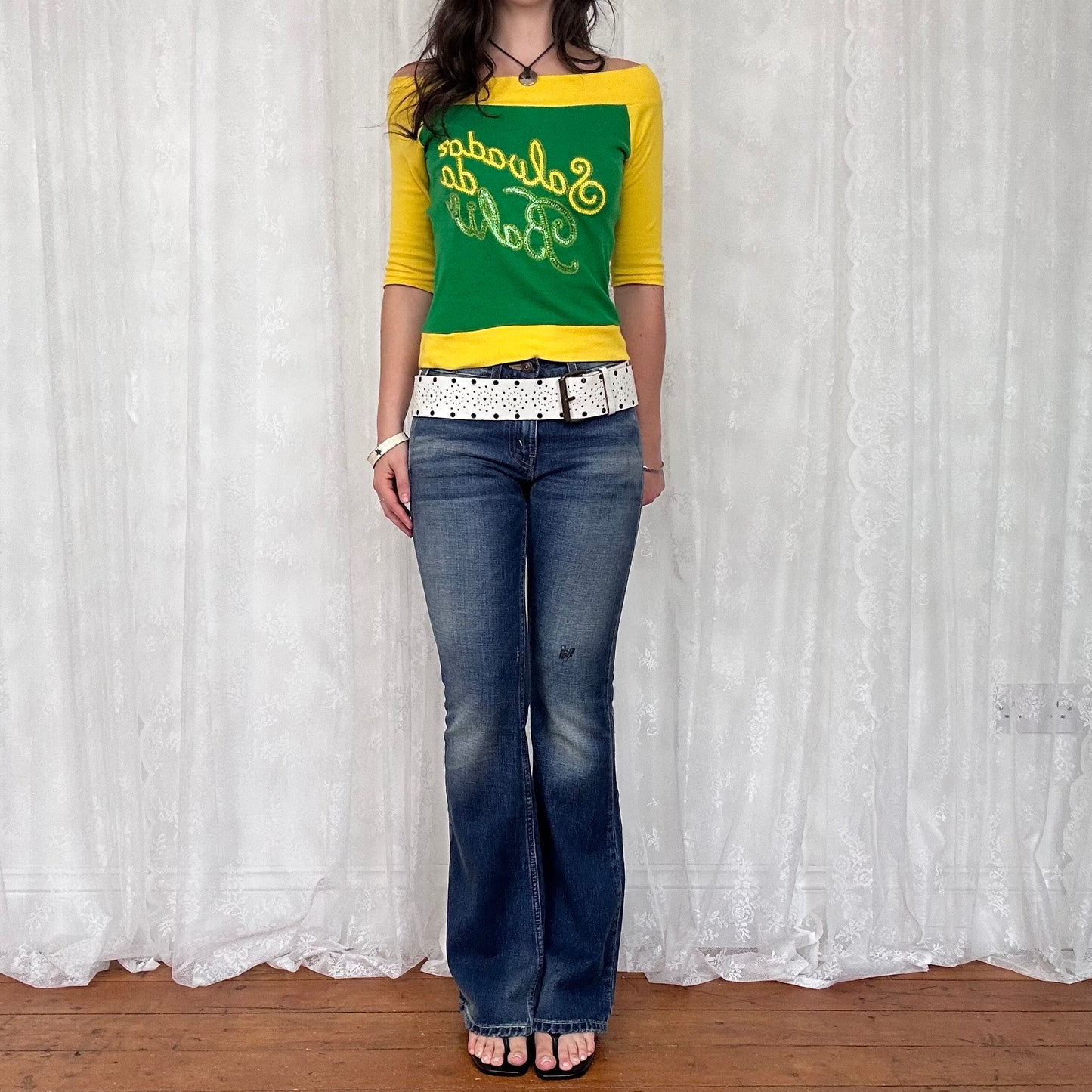 vintage 00s yellow and green sequin crop sleeve top