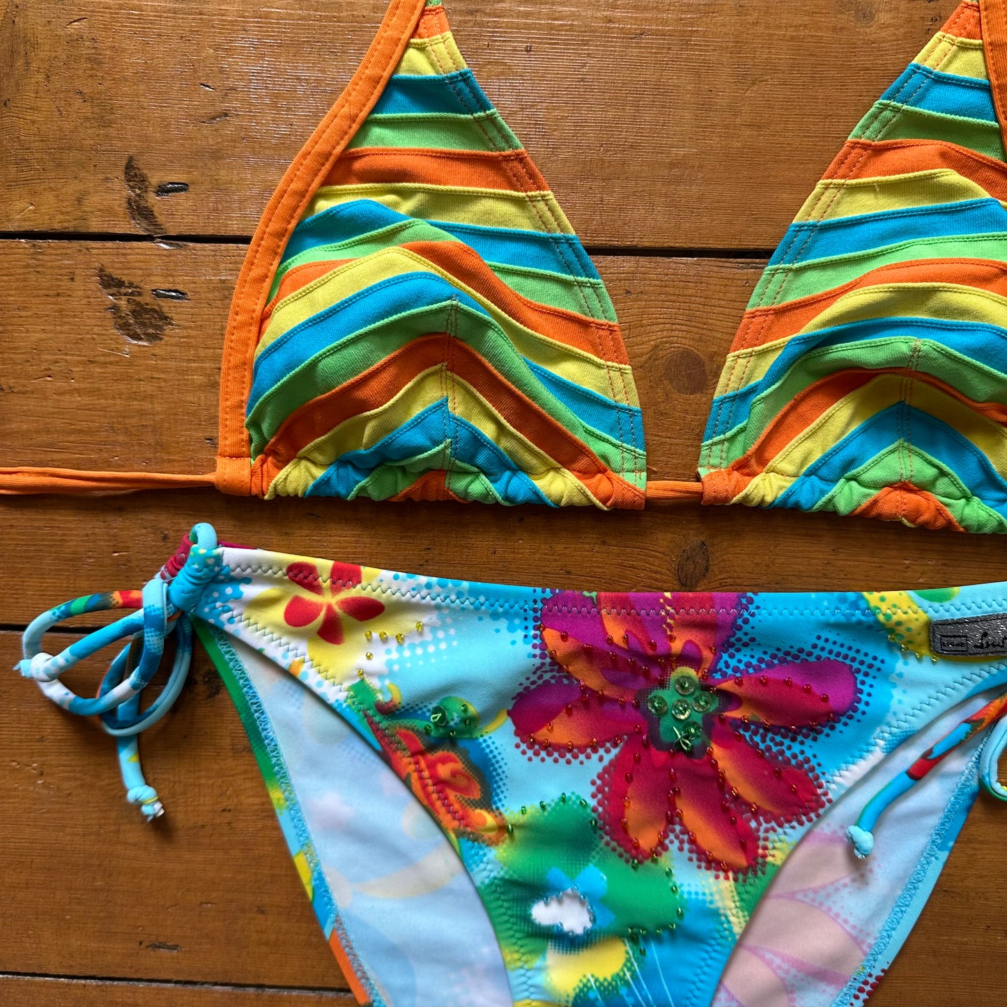 vintage 00s striped bikini top and beaded floral bottoms