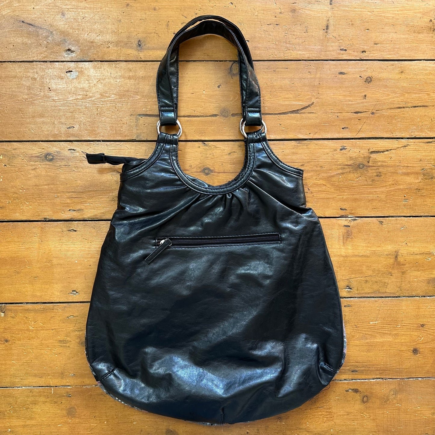 vintage 00s black PU shoulder bag with grey and pink tartan