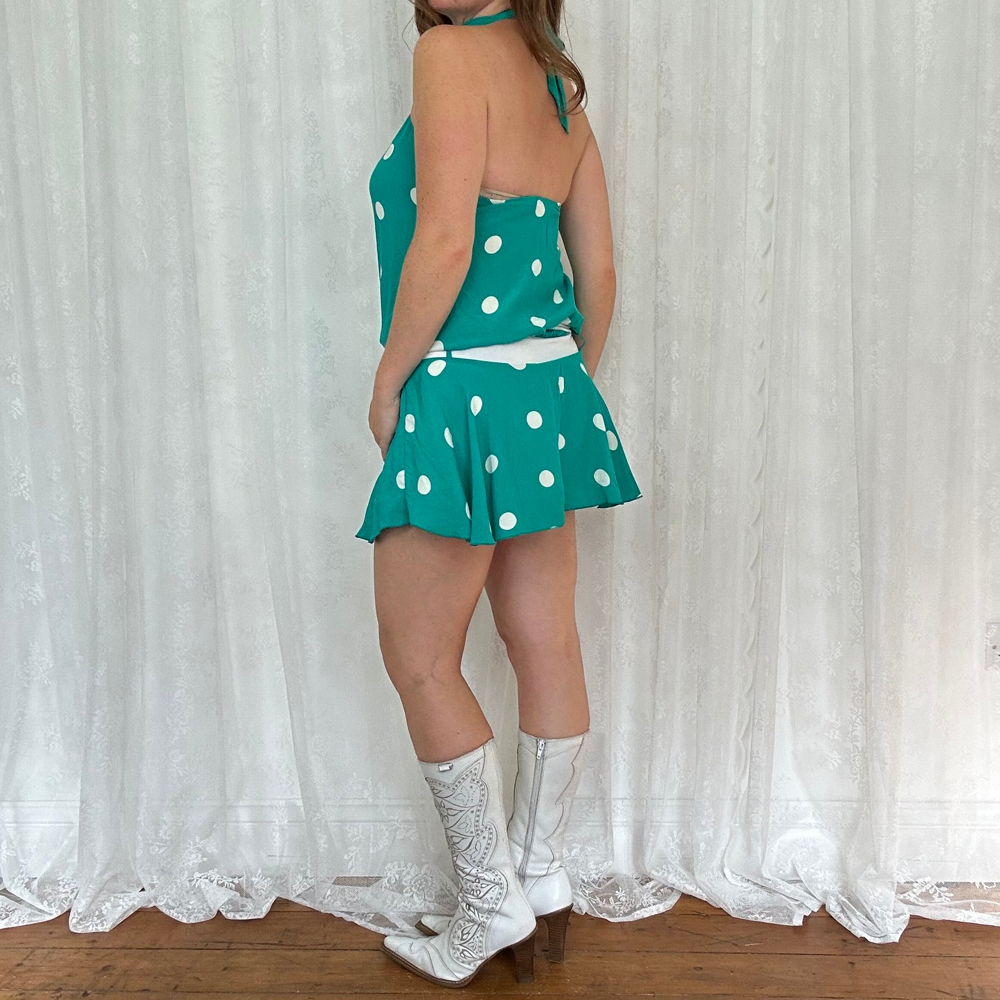 vintage 00s green polka dot halter dress