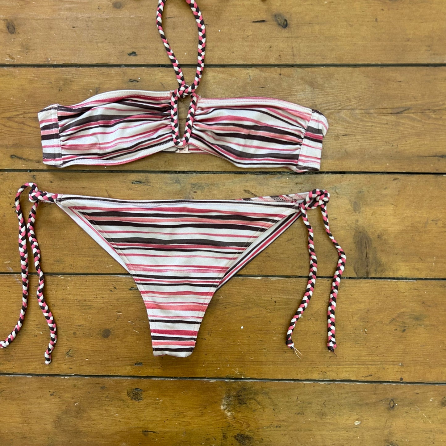 vintage 00s brown and pink stripe bikini