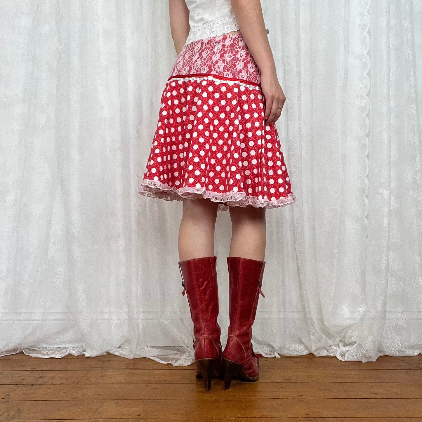 vintage 00s red and white polka dot midi skirt