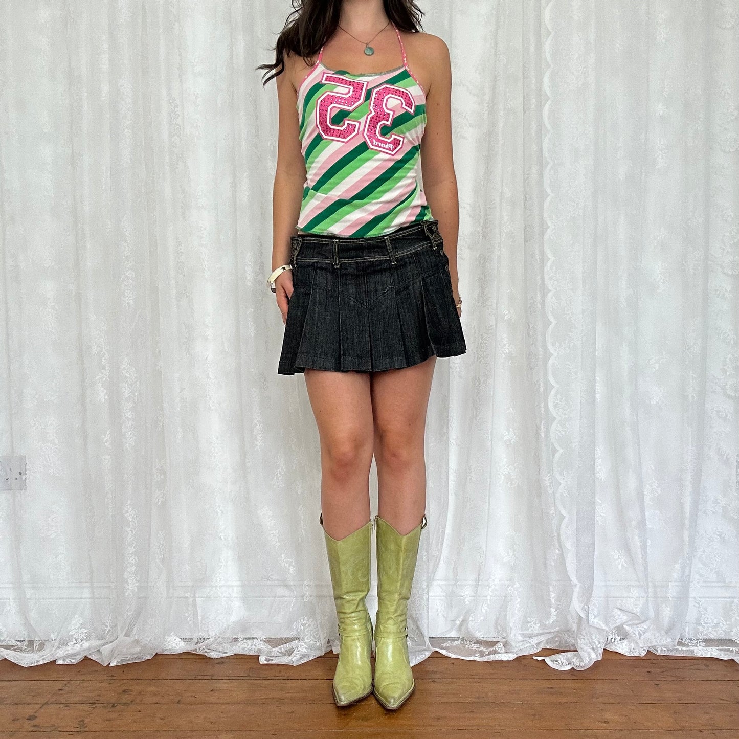 vintage 00s pink and green stripey 35 cami