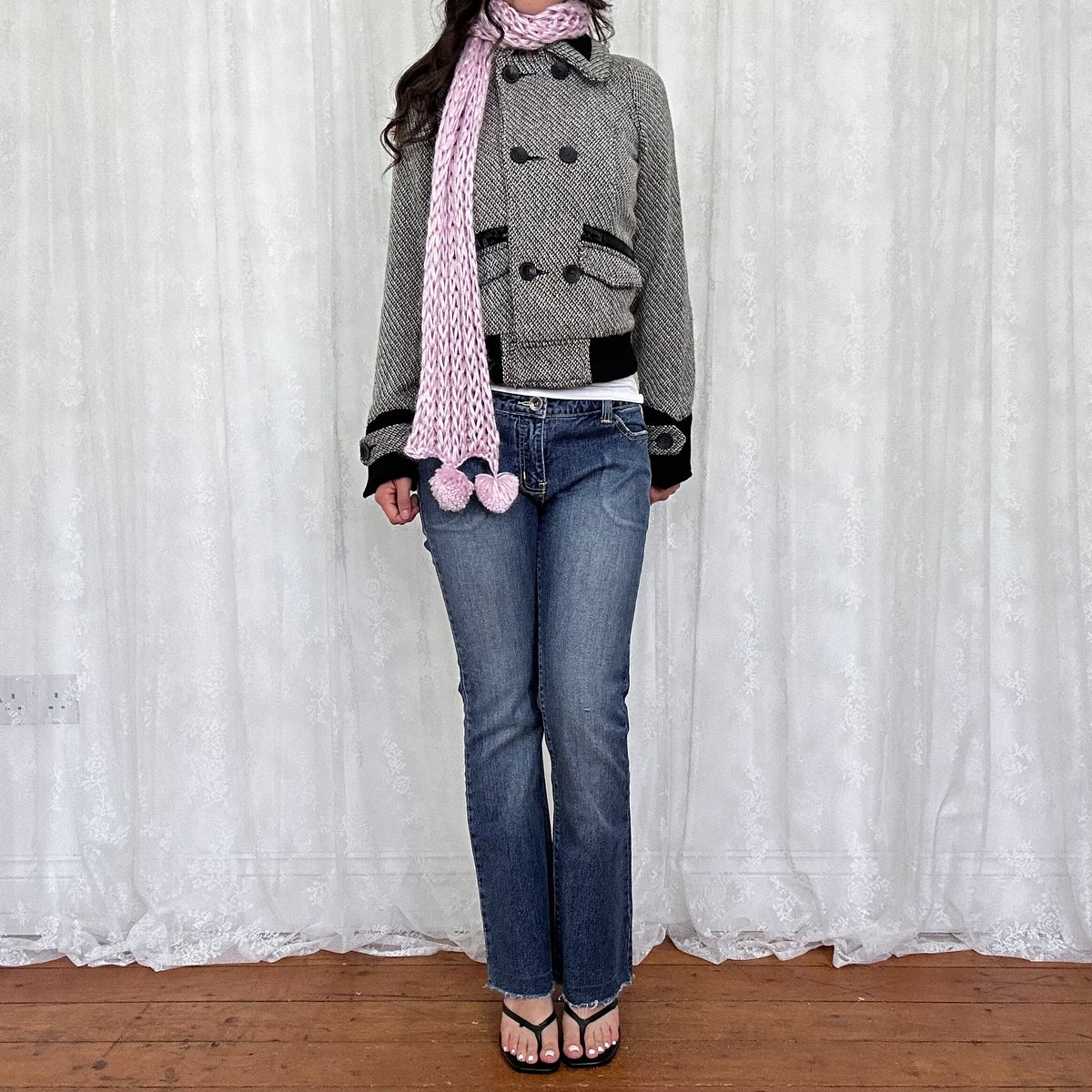 vintage 00s pale pink crochet knit scarf