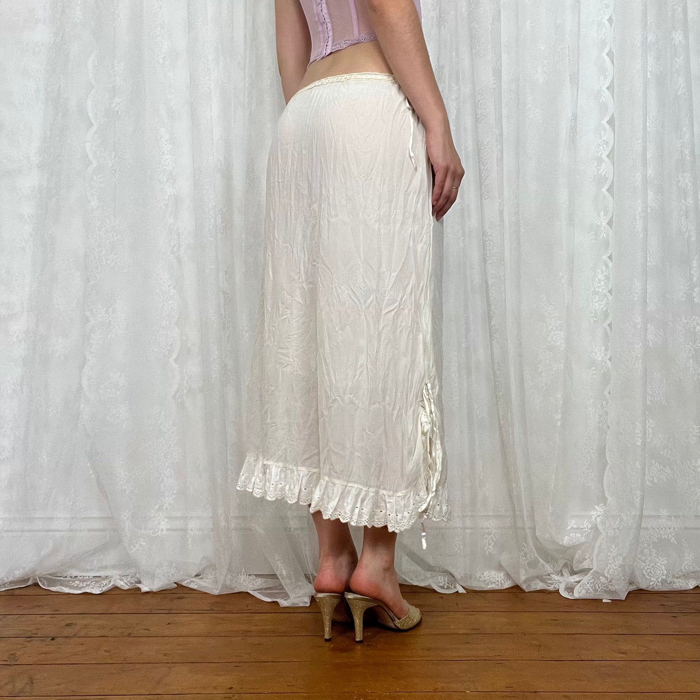 vintage 00s cream tie up maxi skirt with broderie trim