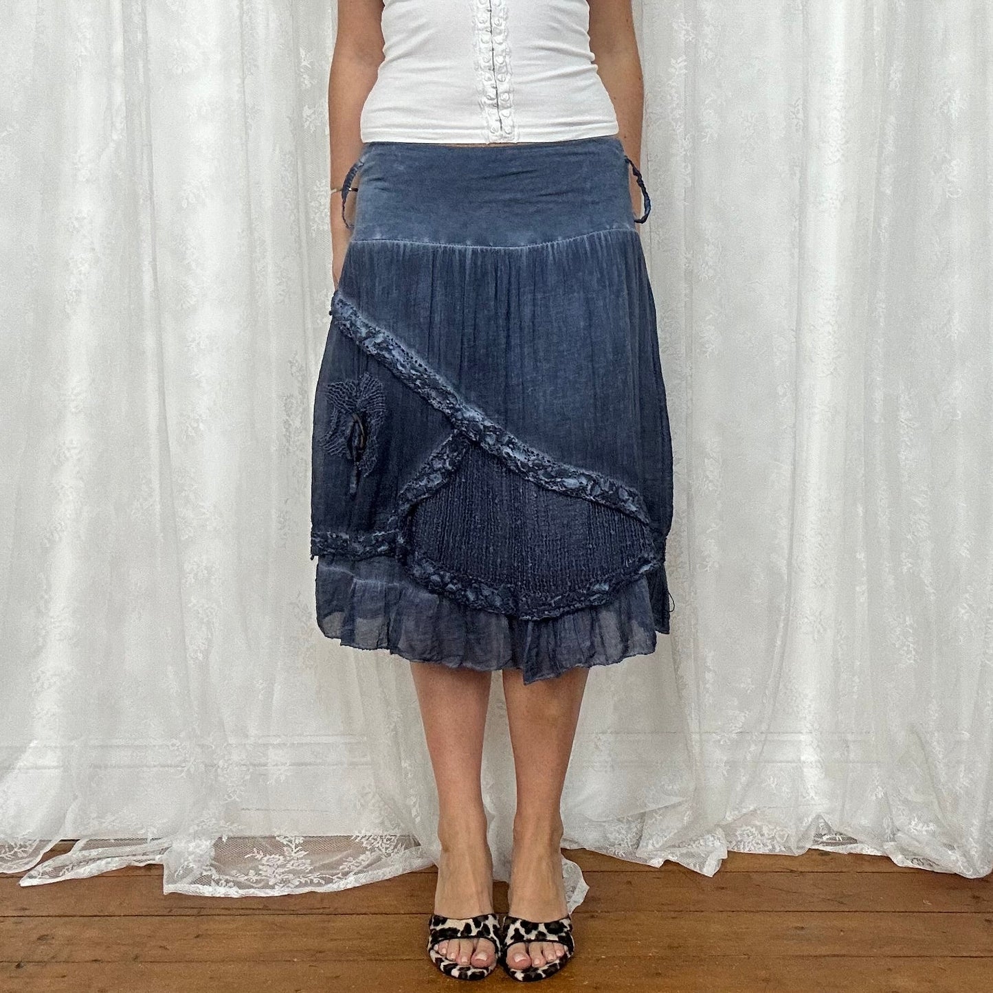 vintage 00s ink blue crochet detail midi skirt