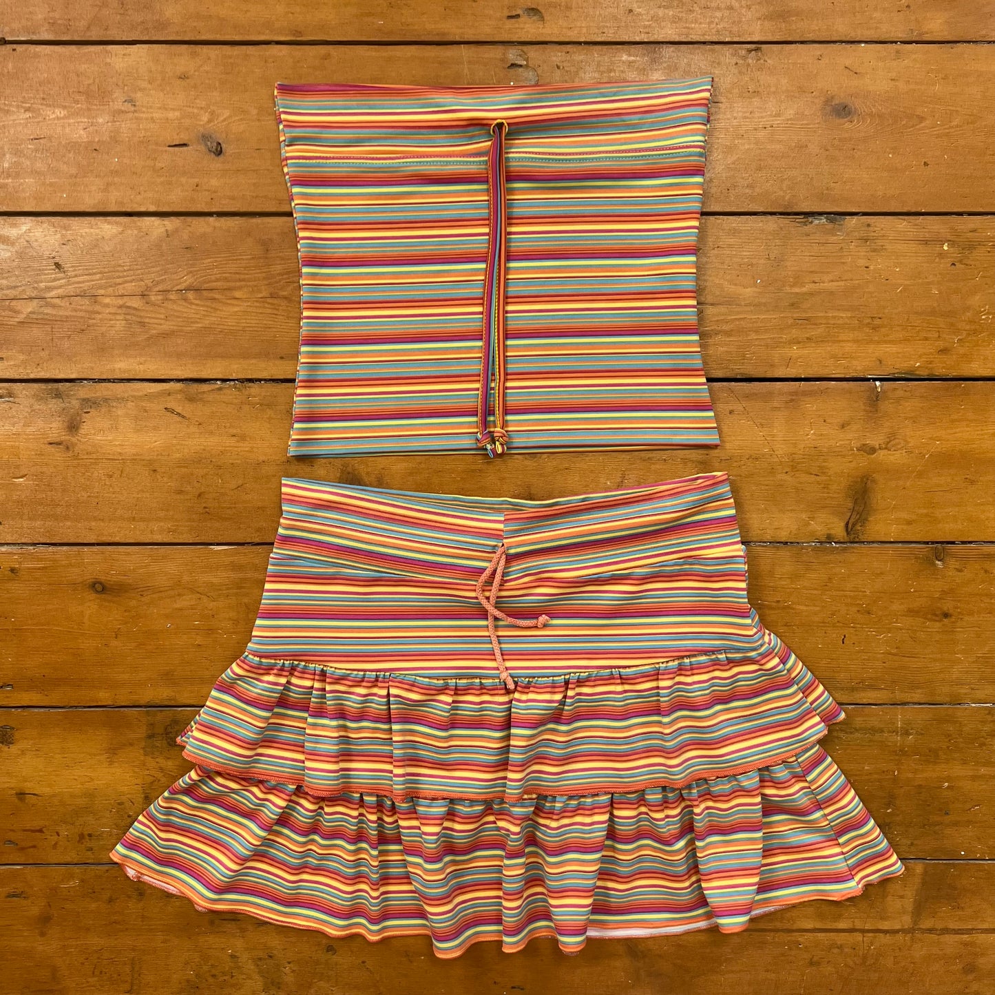 vintage 00s rainbow striped bandeau and ruffle mini skirt co ord