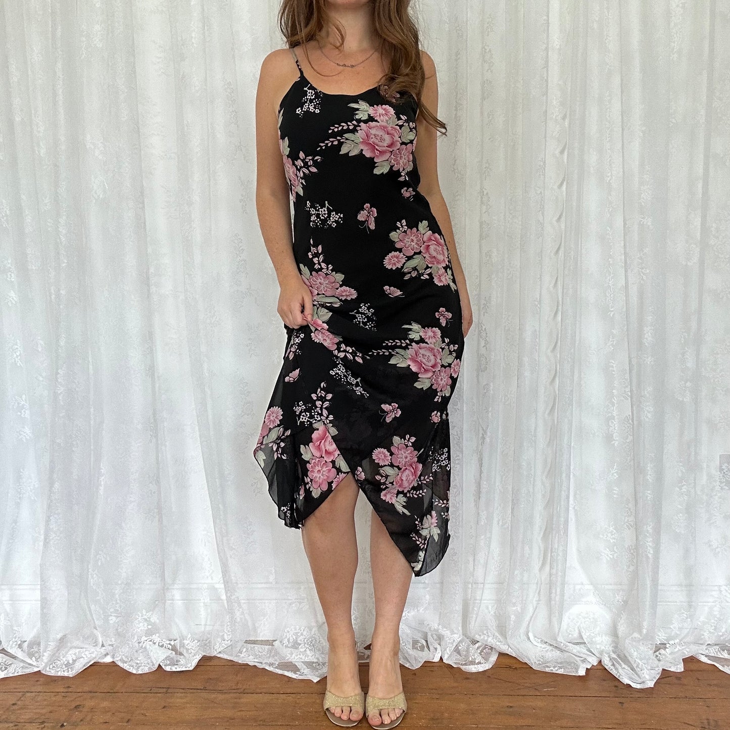 vintage 00s black floral midi dress