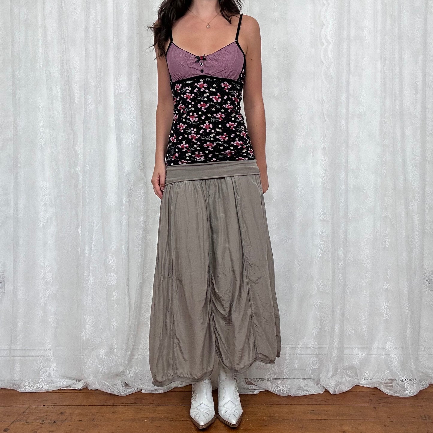 vintage 00s grey / brown maxi skirt with foldover waist