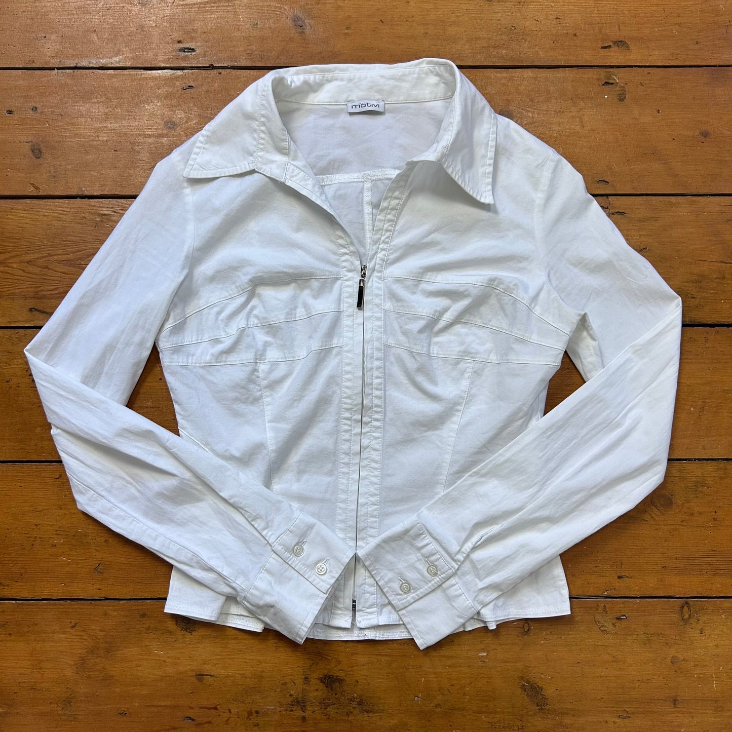 vintage 00s white long sleeve fitted zip up shirt