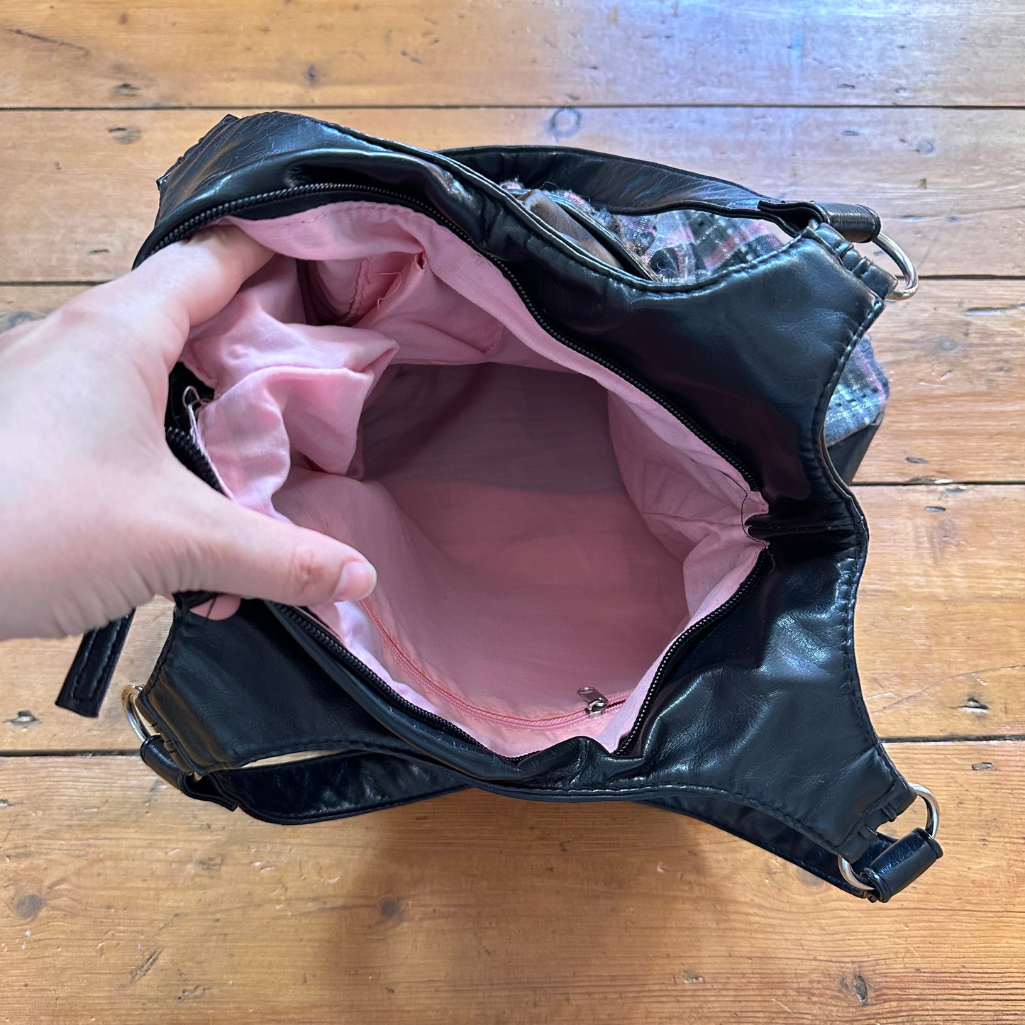 vintage 00s black PU shoulder bag with grey and pink tartan