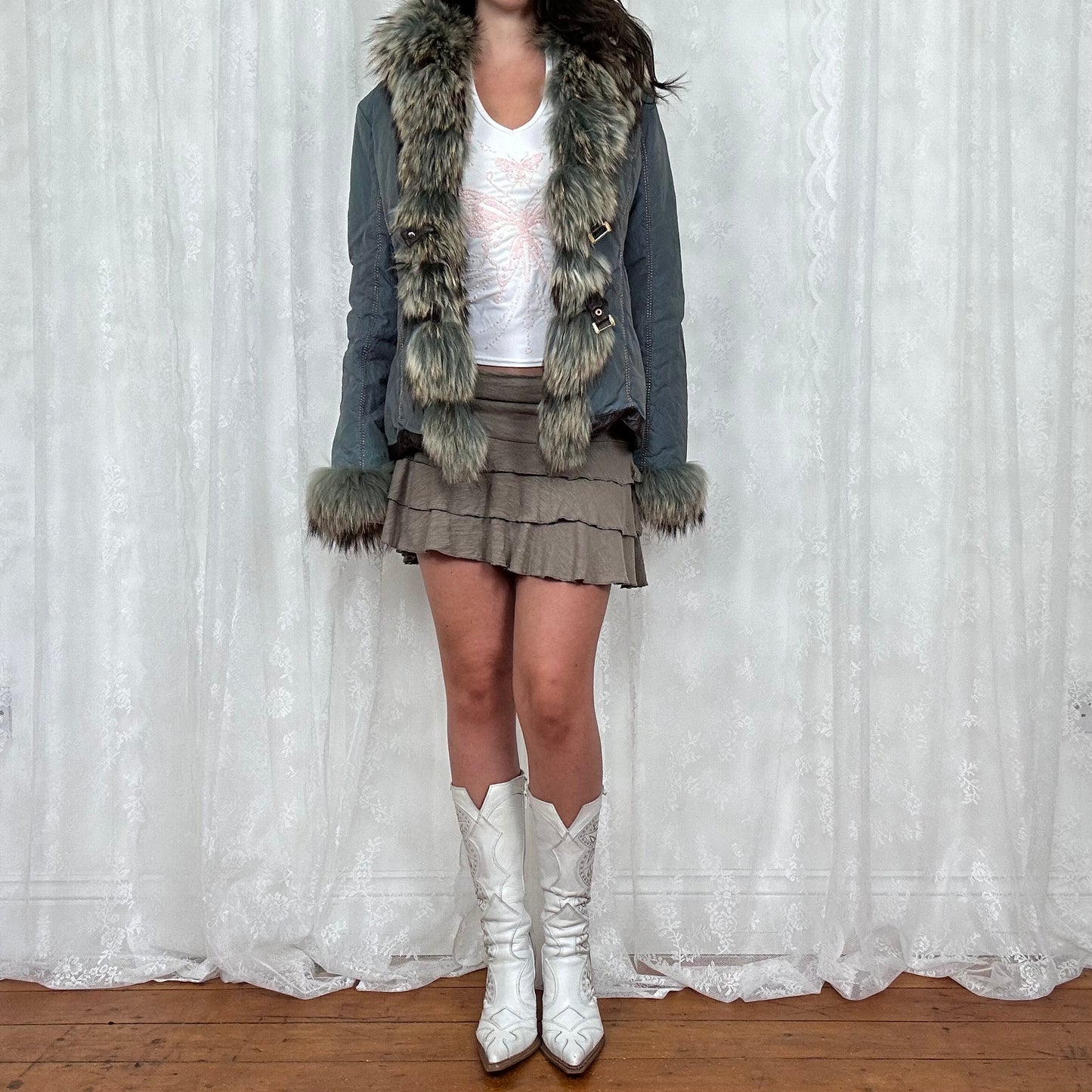 vintage 00s blue padded afghan jacket with faux fur trim and buckles