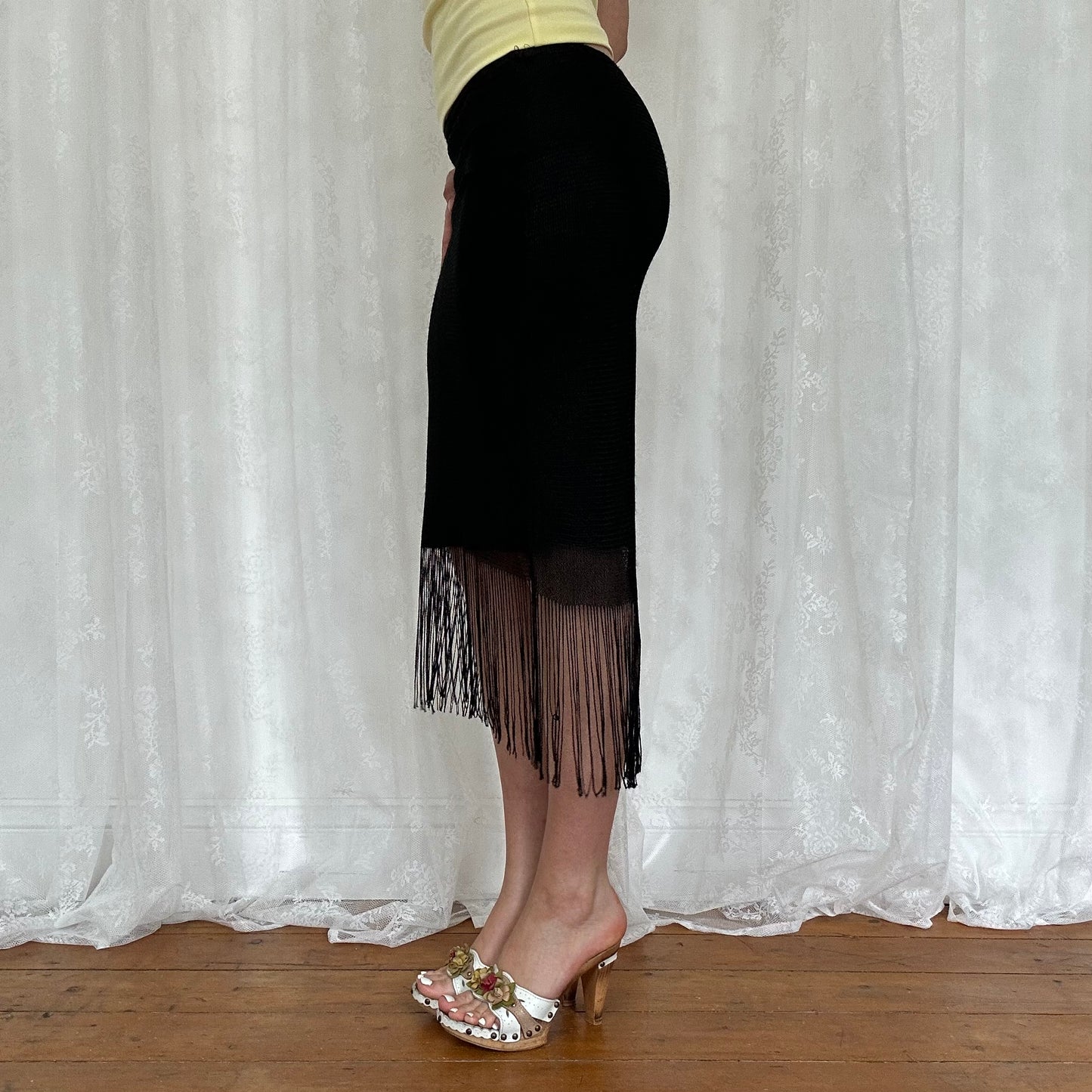 vintage 00s black crochet tassle midi skirt