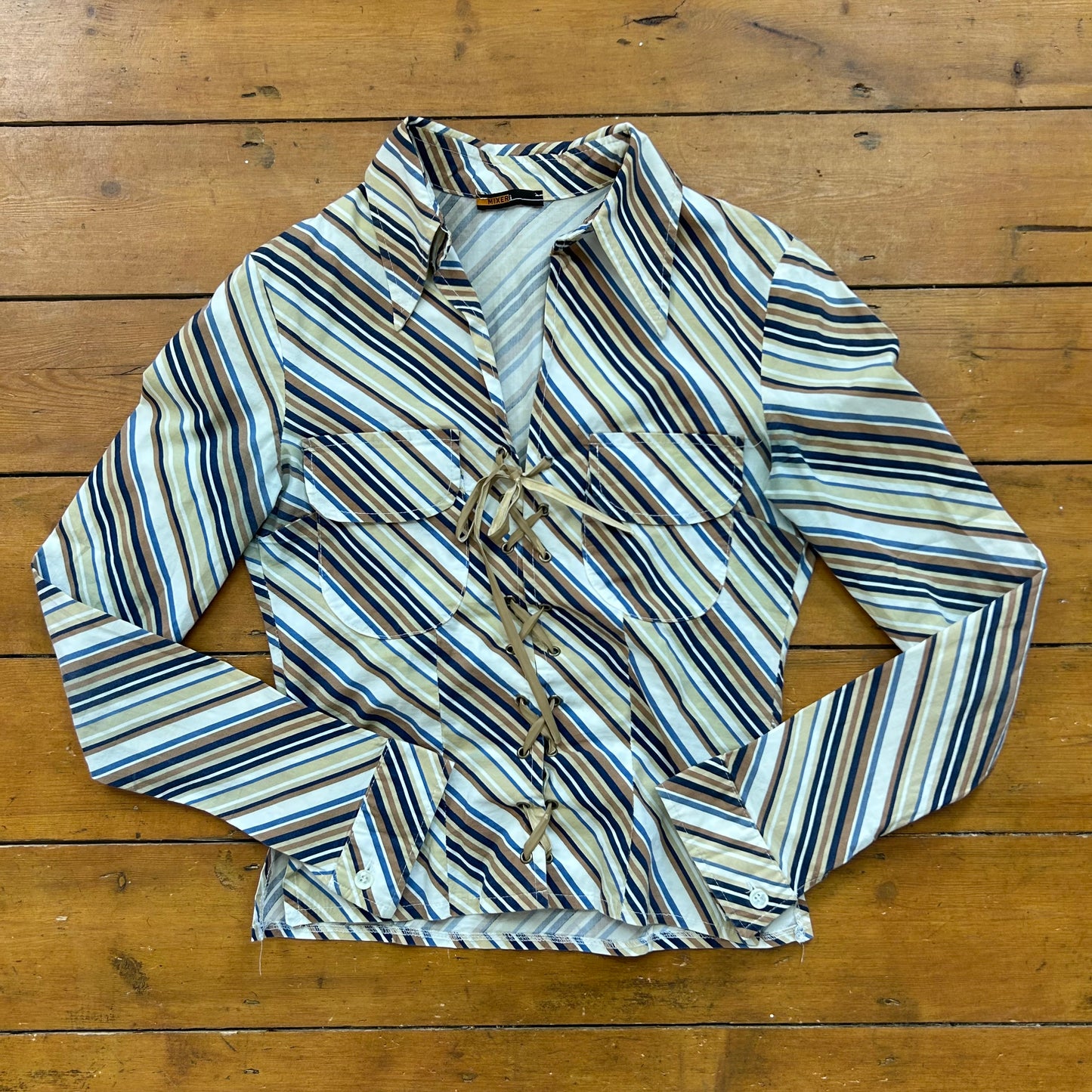 vintage 00s brown and blue stripe corset tie up shirt