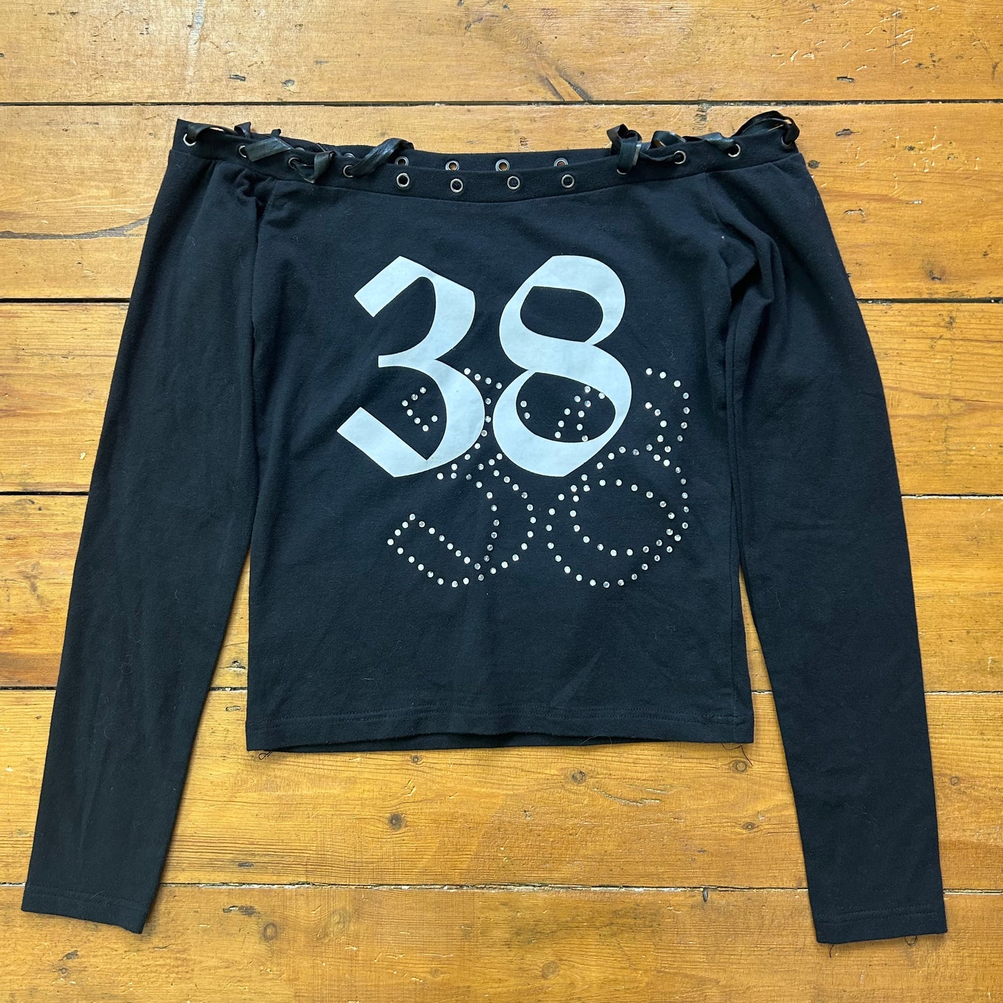vintage 00s black off shoudler eyelet '38' long sleeve top