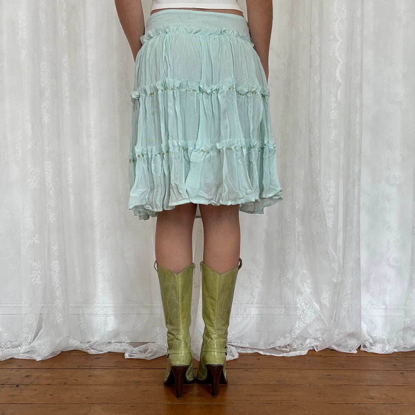 vintage 00s aqua blue sequin tiered midi skirt
